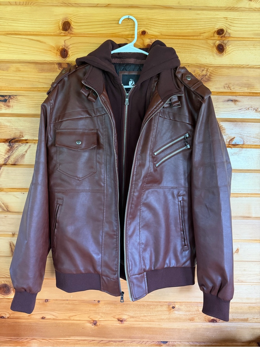 Men's David Outwear Salvador Faux Leather Bomber Jacket Removable Hood Insert